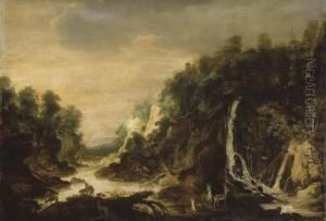 Paysage Avec Cerfs Et Biches Pres D'une Cascade