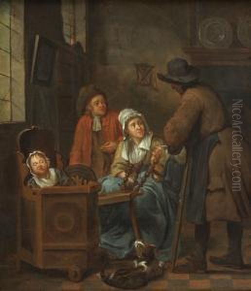 Interior Withwoman At The 
Spinning-wheel, Next To Her A Man Leaning On A Chair.on The Left A 
Little Child Sleeping In Its Chair - view 1
