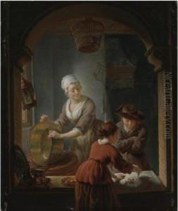An Interior With A Kitchen Maid 
Cleaning A Copper Pot And A Youth And Young Woman Playing Jeu De L'oie