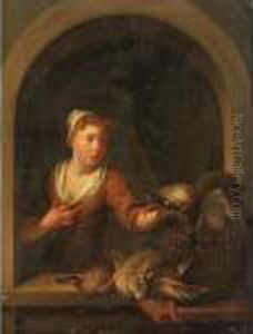 A Game Seller, Holding A Mallard
 Drake, At A Window, Together With A Basket And Other Ducks And Rabbits 
On A Stone Ledge