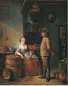 A Kitchen Interior With Two Servants Conversing by Louis de Moni