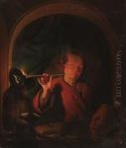A Man Lighting A Pipe At A Casement With A Bust, A Statuette Andbooks On A Ledge by Louis de Moni