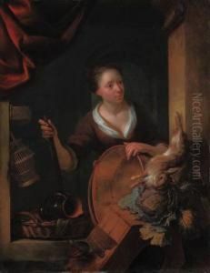 A Kitchen Maid Before A Niche, 
With A Copper Basin, A Dead Hare, Acabbage, A Hutch And Other Objects