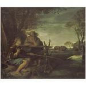 A Boy Fishing At The Edge Of A Brook, Talking To A Young Lady