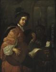 A Man Playing The Lute With A Servant Holding A Music Sheet