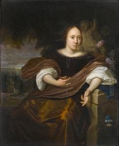 Portrait Of A Lady,
Three-quarter Length, In A Purple And Gold Dress, Holding A Watch,
Seated Beside A Plinth With A Formal Garden And Country House Beyond by Karel De Moor