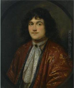 A Portrait Of A Gentleman, Bust 
Length, Wearing An Embroidered Red Robe With A White Chemise, In A 
Painted Oval