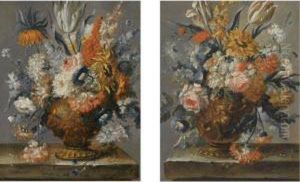 A Still Life With A Tulip, An
Imperial Crown, Roses, A Sunflower And Other Flowers In A Classical
Vase, On A Stone Ledge;
A Still Life With Tulips, Roses, Morning Glory, A Sun Flower And Other
Flowers In A Classical Vase, On A Stone Ledge by Karel De Moor