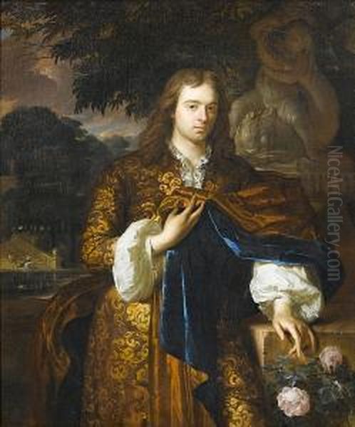Portrait Of A Gentleman,
Three-quarter-length, In A Brown Coat With A Blue Wrap, Standing Before A
Stone Statue, A Young Couple In A Park Landscape Beyond - view 1