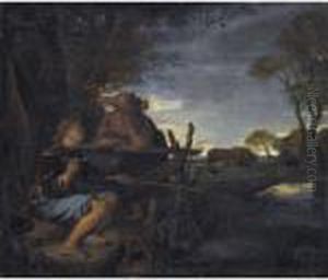 A Boy Fishing At The Edge Of A Brook, Talking To A Young Lady
