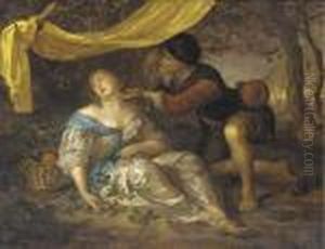 A Shepherd Kneeling Over A Lady Sleeping Under A Canopy In A Wooded Landscape by Karel De Moor