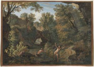 Rugged River Landscape With A Nymph Surprised By A Satyr by Isaac de Moucheron