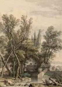A Park Landscape With A Marble Tombe, Sculpture And Urn by Isaac de Moucheron