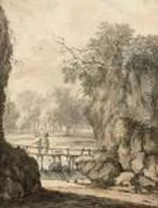 A Rocky River Landscape With Two Figures Crossing A Bridge A Rocky River Landscape With Two Figures Crossing A Bridge