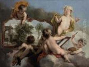 Putti Studying A Landscape Painting by Isaac de Moucheron