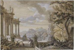 Landscape Capriccio With A Classical Portico, A Rugged Coastlinebehind by Isaac de Moucheron