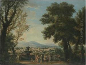 An Extensive Italianate Landscape With Elegant Figures On A Terrace Overlooking A Town by Isaac de Moucheron