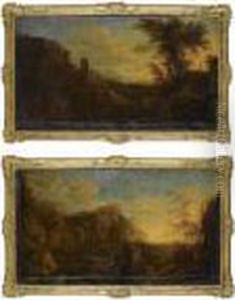 A Southern Mountainous Landscape
 With A Herdsman Playing Flute Withtravellers Passing A Bridge In The 
Background