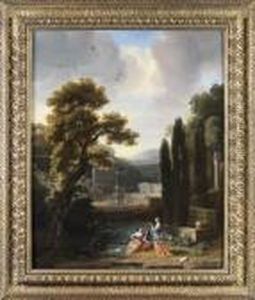 Elegants Et Pecheur Dans Un Paysage Classique