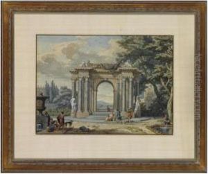 Italianate Landscape With Two Figures On An Elaborate Terrace by Isaac de Moucheron