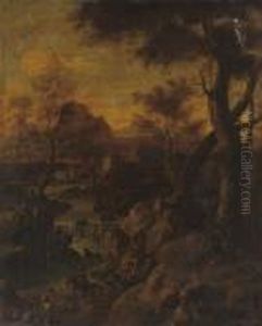 A Wooded River Landscape With Travellers On A Track By A Waterfall, A Town Beyond by Isaac de Moucheron
