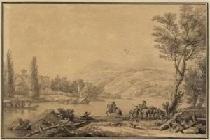 Italienische Flusslandschaft Mit Reitern Und Schiffen by Isaac de Moucheron