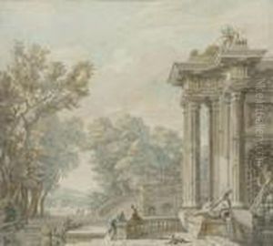 Caprice Architectural Avec Deux Hommes Discutant Devant Une Fontaine Et Une Colonnade