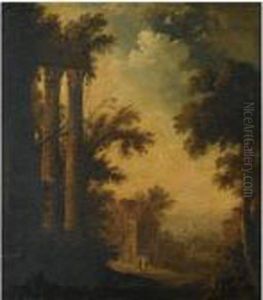 A Wooded Landscape With Two Classical Columns, Two Travellers On A Path by Isaac de Moucheron