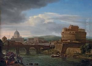A View Of The Tiber, Rome, With The Castel Sant'angelo And St. Peter's Beyond by Isaac de Moucheron