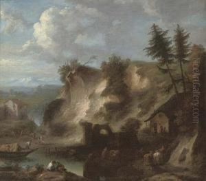 A Mountainous River Landscape With Herdsmen And Their Cattle By A Farm by Isaac de Moucheron
