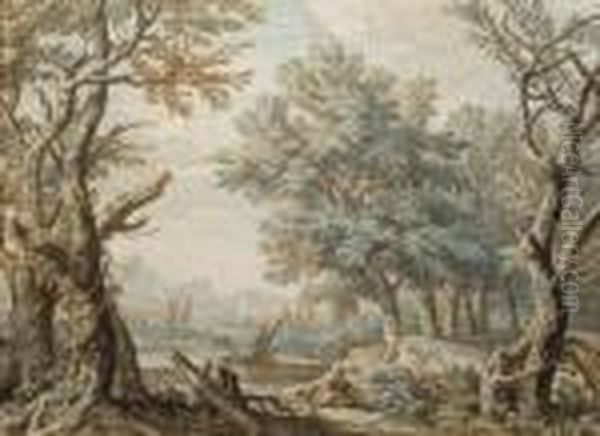 Un Homme Et Son Chien Dans Un Paysage Arbore, Des Montagnes I L'arriere-plan - view 1