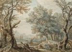 Un Homme Et Son Chien Dans Un Paysage Arbore, Des Montagnes I L'arriere-plan