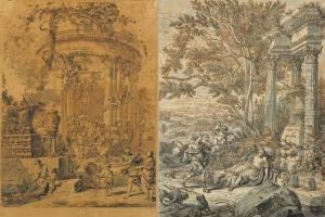 Paire De Paysages Antiques Animes De Personnages. by Isaac de Moucheron