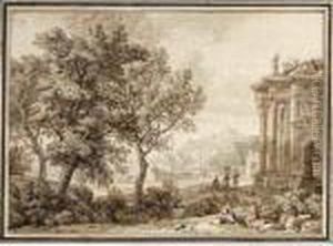 A View Of A Southern Harbour
With Figures Near A Classical Building And Mountains In The Background A View Of A Southern Harbour
With Figures Near A Classical Building And Mountains In The Background