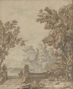 Figures By A Fountain In A Formal Garden, A Town Beyond by Isaac de Moucheron
