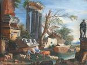 A Pastoral Landscape With Roman Ruins; And A Pastoral Wooded Landscape by Isaac de Moucheron