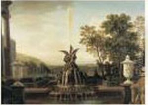 Vue De La Terrasse D'un Palais Classique Avec Une Fontaine by Isaac de Moucheron