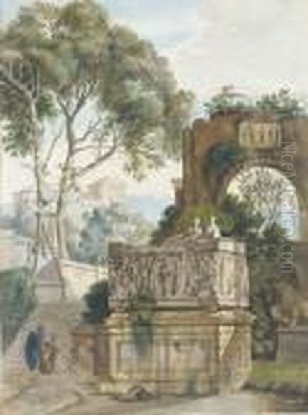 A Classical Landscape With Two Women By A Roman Sarcophagus - view 1