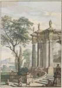 Un Paysage Avec Un Temple Ionique Et Une Fontaine Decoree De Sphinxailes