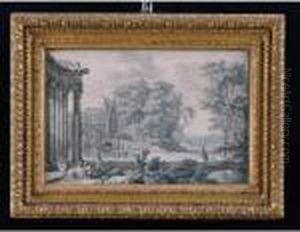 Paesaggio Con Palazzo Colonnato E
Figure In Primo Piano, Un Palazzo In Lontananza; Paesaggio Costiero Con
Ruine E Figure In Primo Piano, Barche In Lontananza by Isaac de Moucheron
