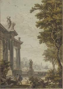 A Classical Gateway With A Man And His Dog At A Fountain, A Port And Mountains Beyond by Isaac de Moucheron