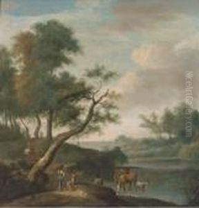A Landscape With Travellers On A Track And Cattle And Drovers At A Ford