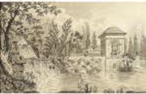 An Ornamental Garden With A Waterfall And Figures On A Parapet