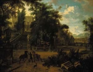 The Gardens Of A Renaissance Palace With Elegant Company, Horses And Grooms