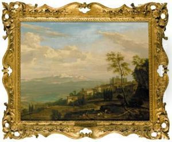 An Extensive Italianate
Landscape With Shepherds And Shepherdesses Resting Before A Hilltop Town - view 1