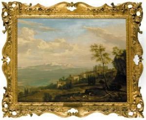 An Extensive Italianate 
Landscape With Shepherds And Shepherdesses Resting Before A Hilltop Town