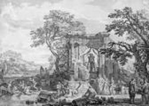 A Classical Landscape With A Sacrifice Offered To Pan In The Ruinsof A Temple by Isaac de Moucheron