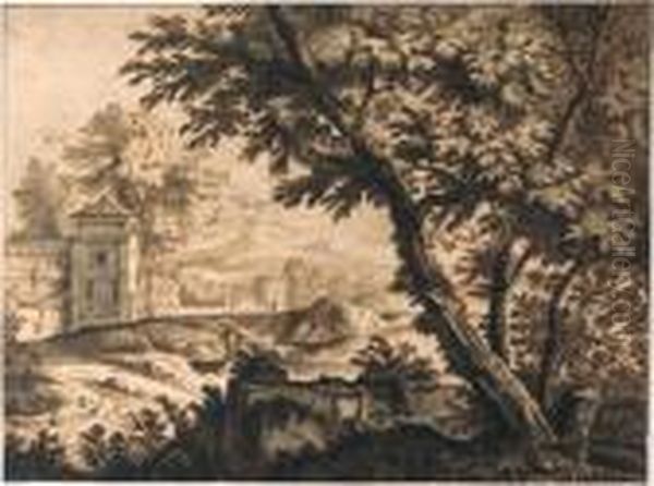 Trees By A Ruined Wall Near A Dovecote By A Cloister - view 1