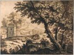 Trees By A Ruined Wall Near A Dovecote By A Cloister