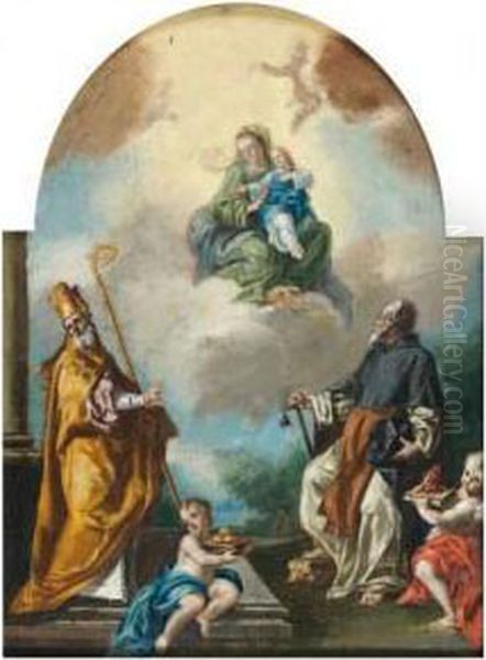 Vierge A L'enfant Entouree De Saint Augustin Et Saint Nicolas De Bari - view 1
